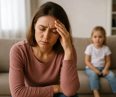 Mãe preocupada e cansada, com a mão na testa, enquanto a filha aparece ao fundo